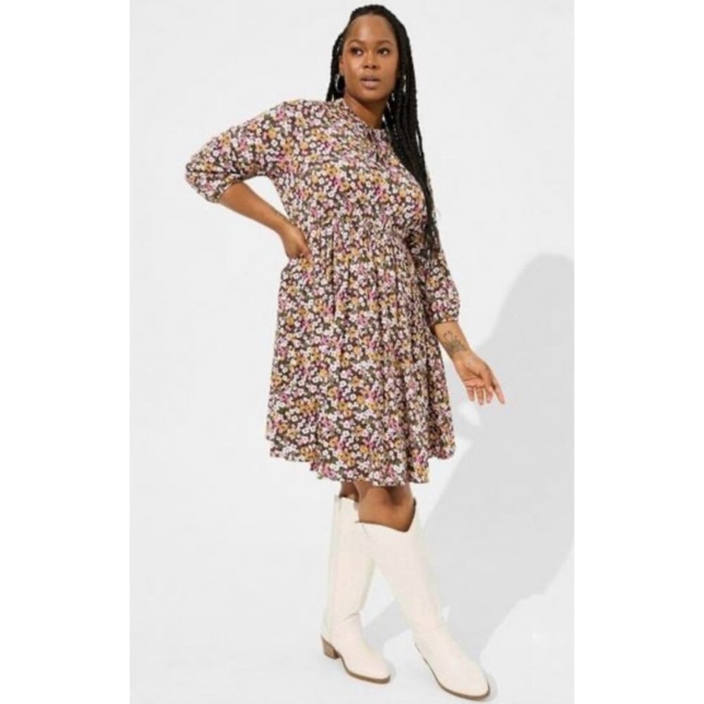 TORRID Maroon + Gold Floral Print Mini Stretch Challis Front Keyhole Dress 1X